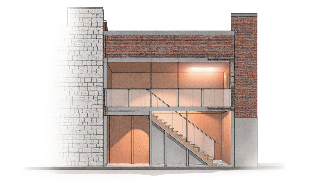 Architectural cross-section showing brick store transitioning to wood-framed apartments with fire-rated floor.
