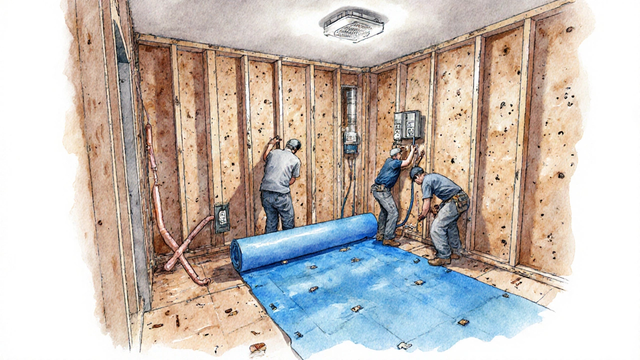 Bathroom mid‑renovation showing plumbing, electrical, ventilation, and waterproof membrane.