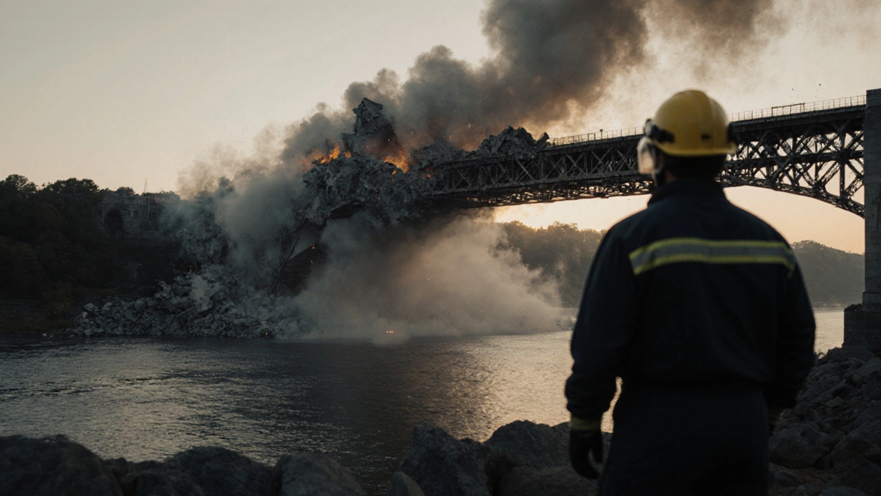 Blaster monitoring a controlled bridge demolition at dawn with rising smoke.