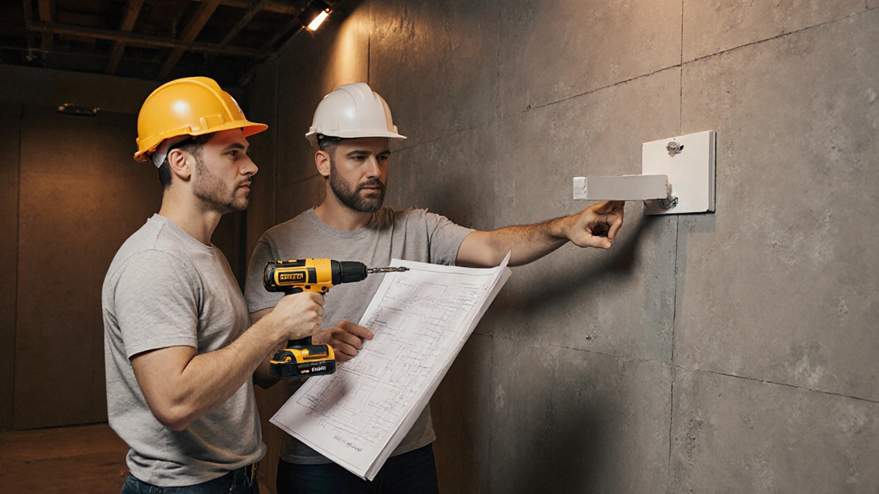 Carpenter and engineer installing a TV bracket with a drill and wall plug.