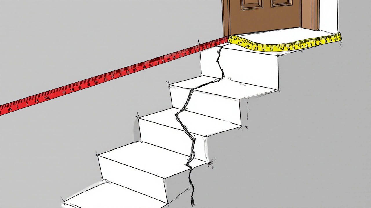 Close‑up of a wide horizontal foundation crack with measuring tape and pencil marks.