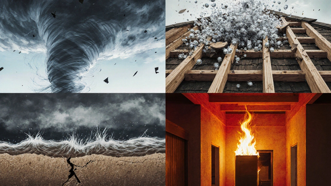 Collage illustrating tornado, hail, earthquake, and fire damaging a home.