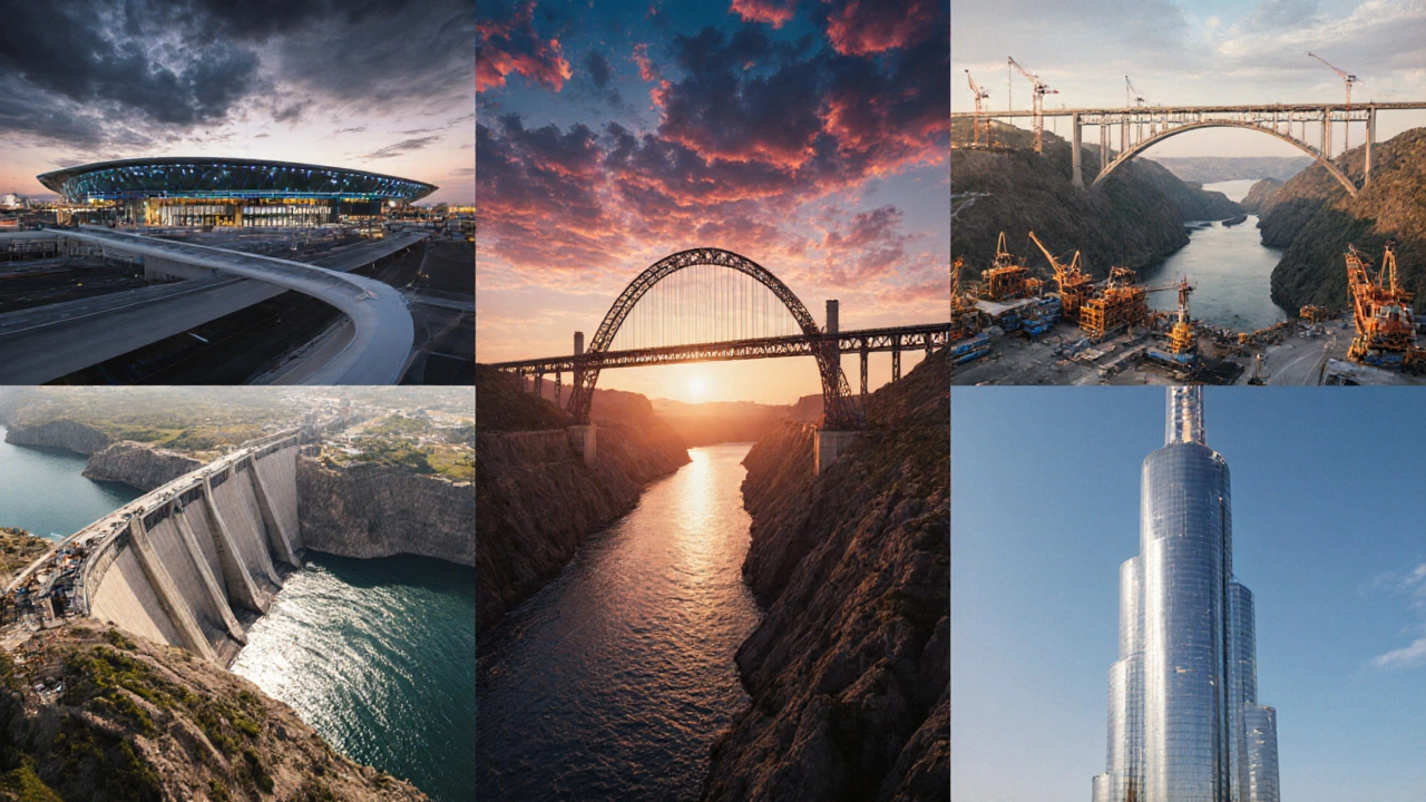 Collage of iconic construction projects: airport, viaduct, canal, dam, and skyscraper.