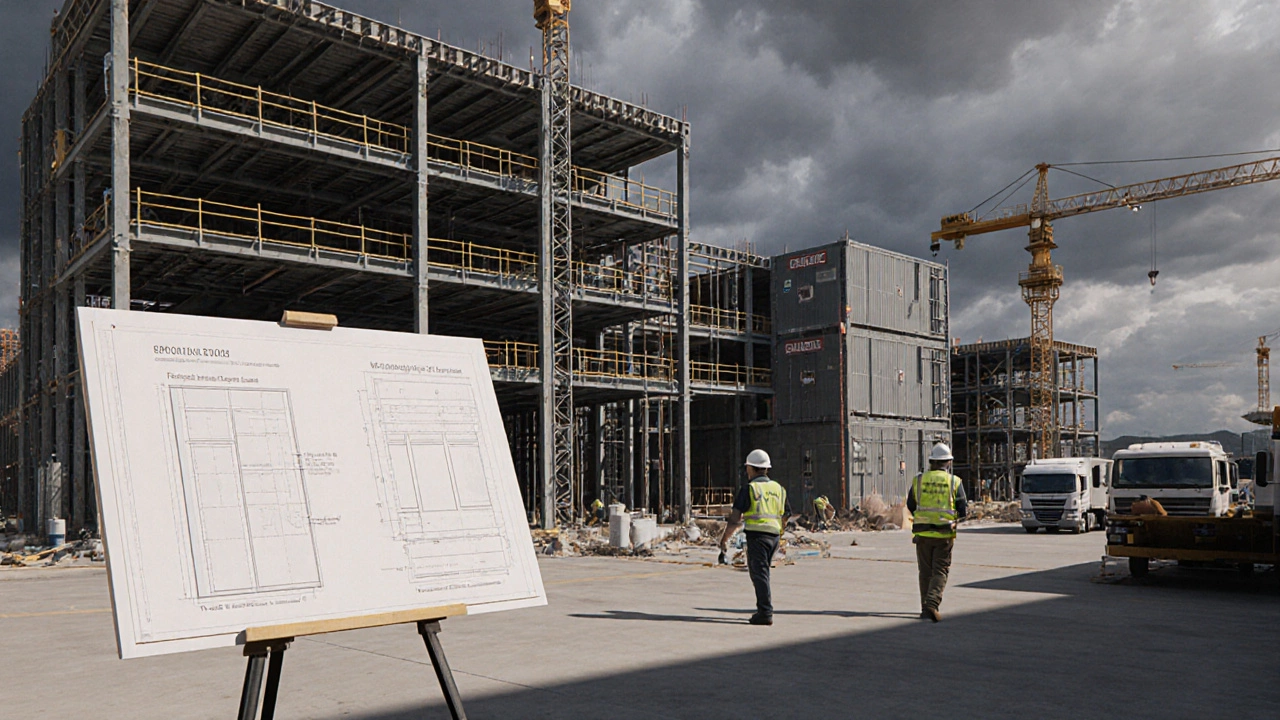 Commercial construction site showing steel frame, fire‑rated panels, and workers installing sprinklers.