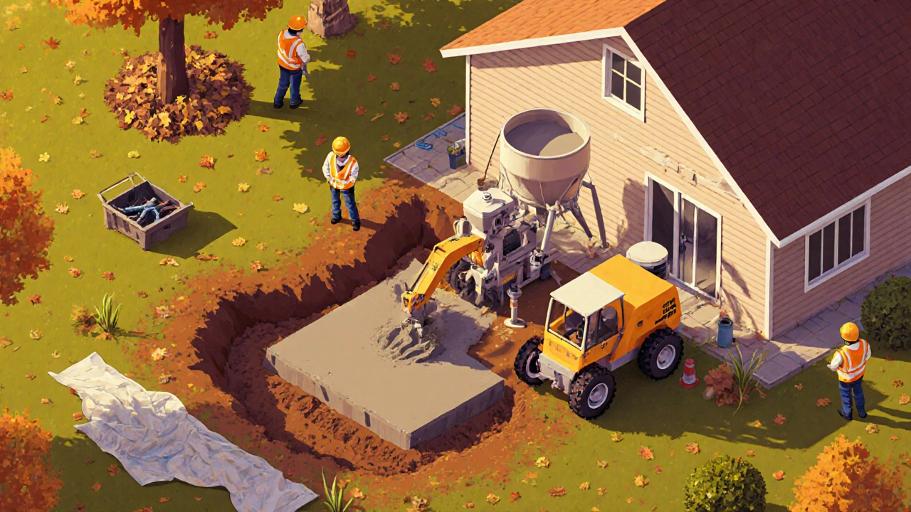 Construction crew installs piers and pours concrete around a house in autumn.