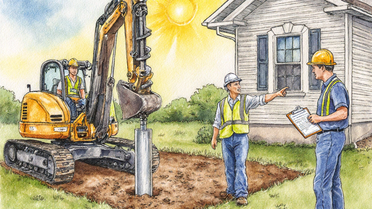 Contractors installing helical piers while an engineer holds a permit.