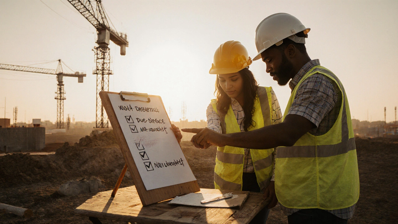 Couple and builder reviewing a checklist at a construction site during golden hour.
