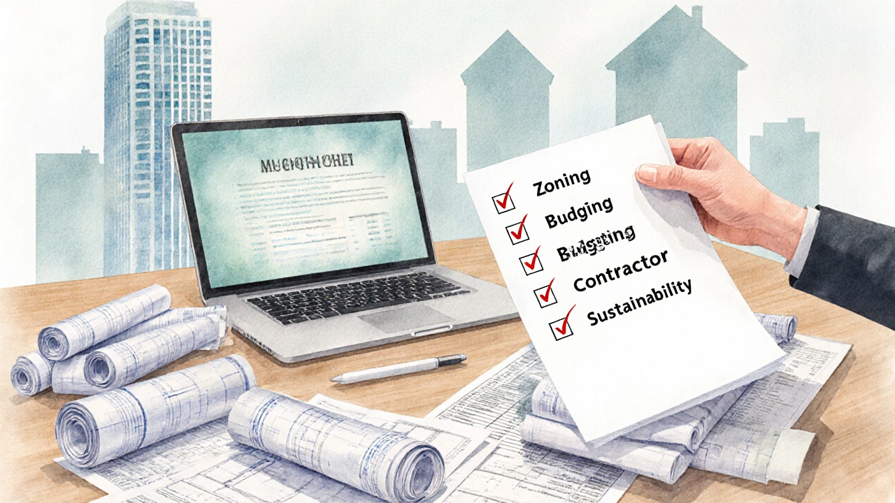 Creative scene of architects reviewing plans, financial documents, and permits while a checklist rests on a table.