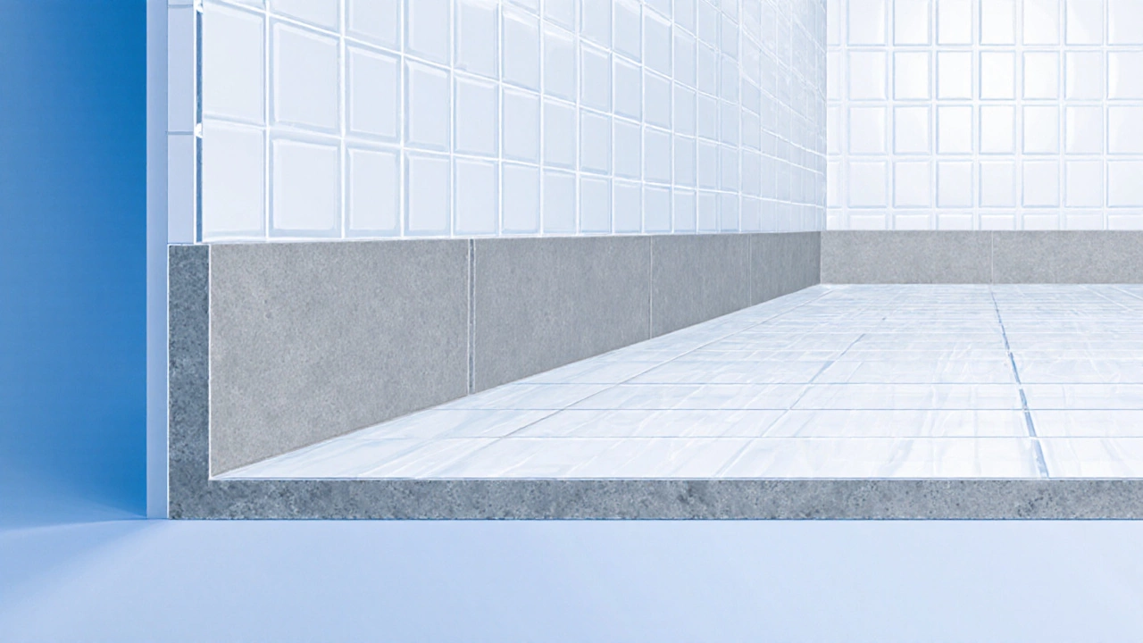 Cross‑section illustration showing layers of floor‑first waterproof membrane, backer board, and wall tiles.