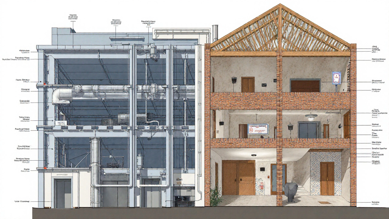 Cross‑section showing steel‑frame commercial building with complex MEP systems next to a timber‑framed home interior.