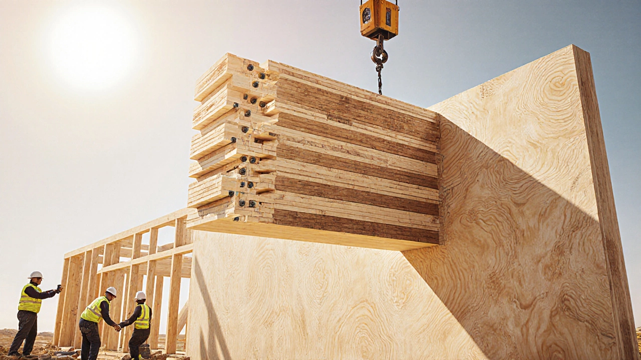 Cutaway illustration of a CLT wall panel being lifted by a crane on a site.