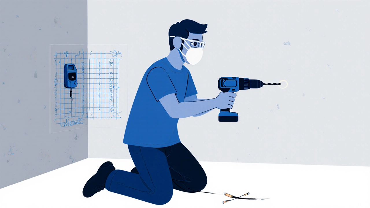 DIY homeowner using a stud finder and drill with safety gear on a wall.