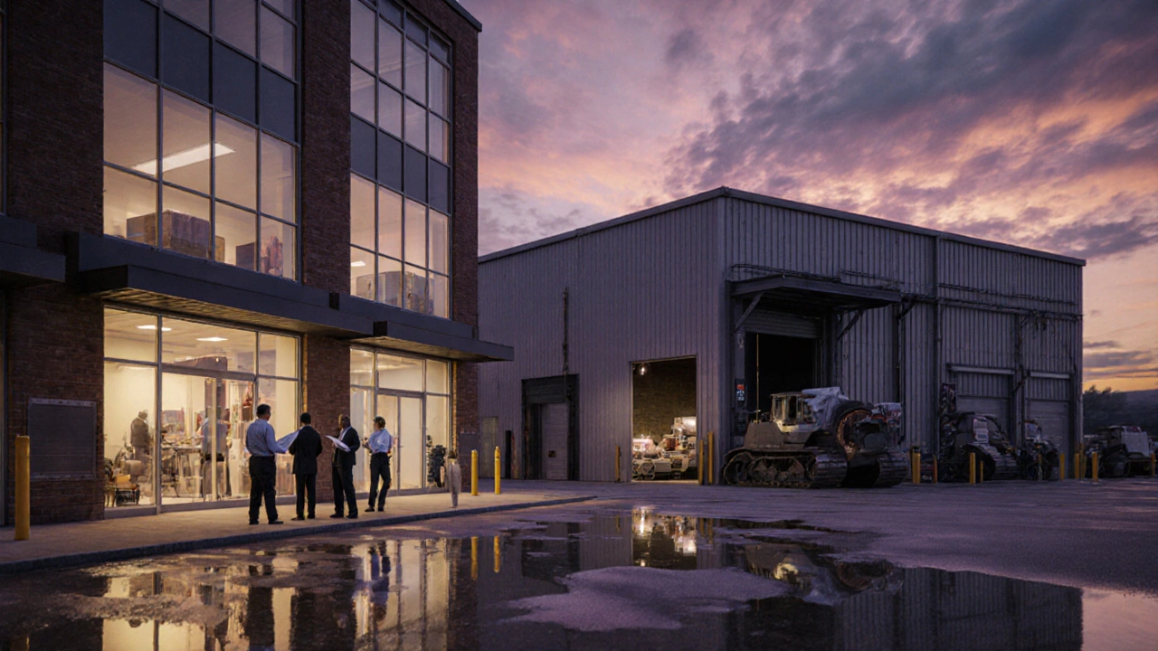 Dusk scene of a mixed‑use building blending storefronts and a warehouse with people reviewing plans.