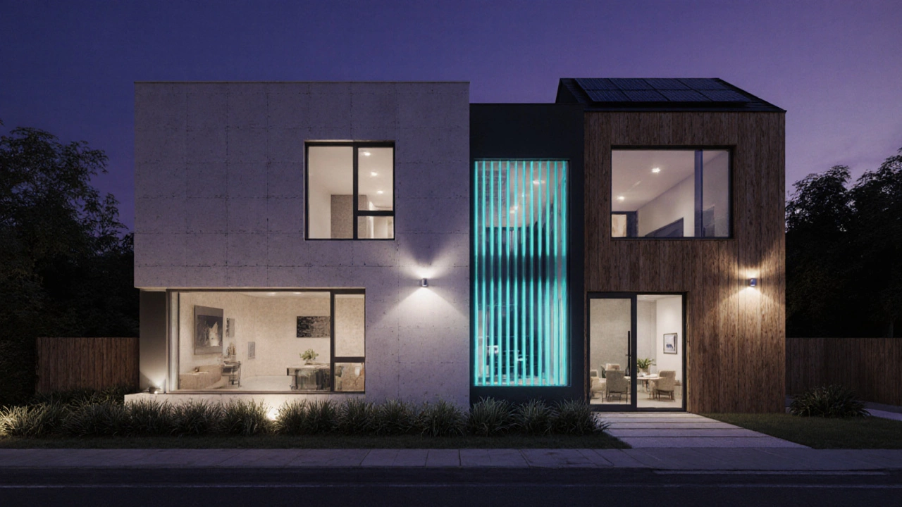 Dusk view of a modern home with ICF, SIP, and timber walls glowing subtly.