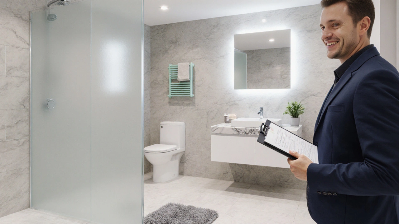 Finished modern bathroom with vanity, shower, inspector, and lighting.