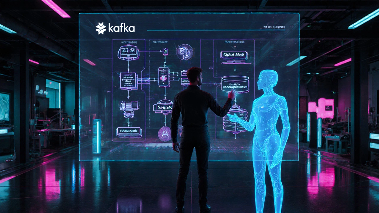 Futuristic scene of a Services Architect designing event‑driven, zero‑trust services with AI holograms.