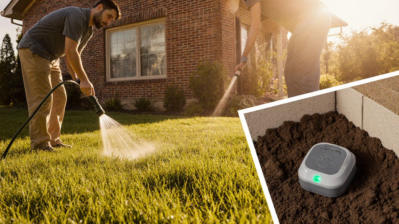 Garden scene of a homeowner watering lawn, cleaning gutters, and checking a soil‑moisture sensor.