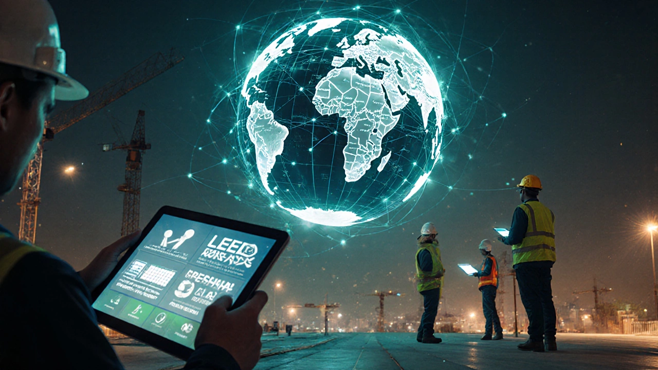 Glowing globe with network lines over a construction site, engineers using holograms.