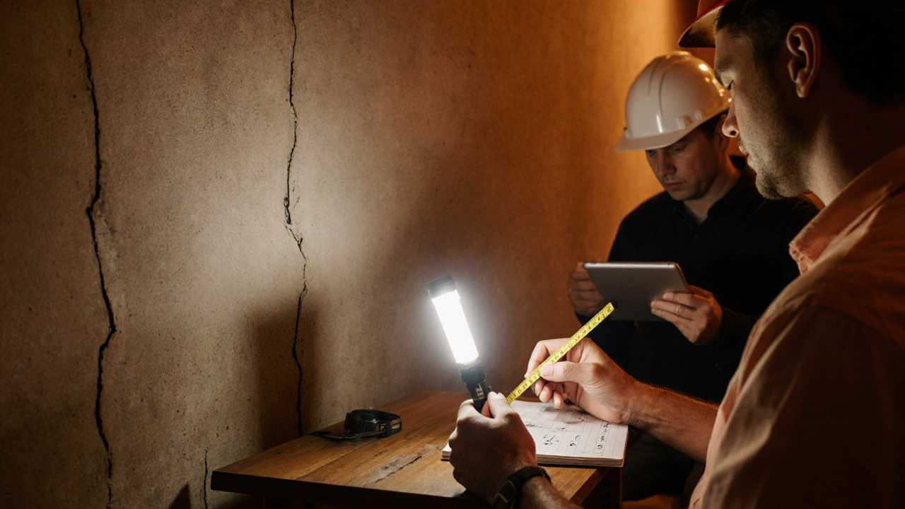 Homeowner inspecting foundation cracks with tools while an engineer reviews notes.