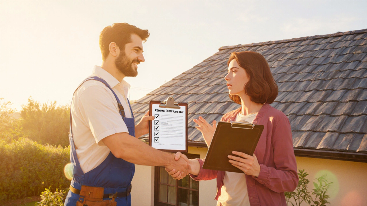 Homeowner shaking hands with roofer beside a fully repaired roof under sunny light.