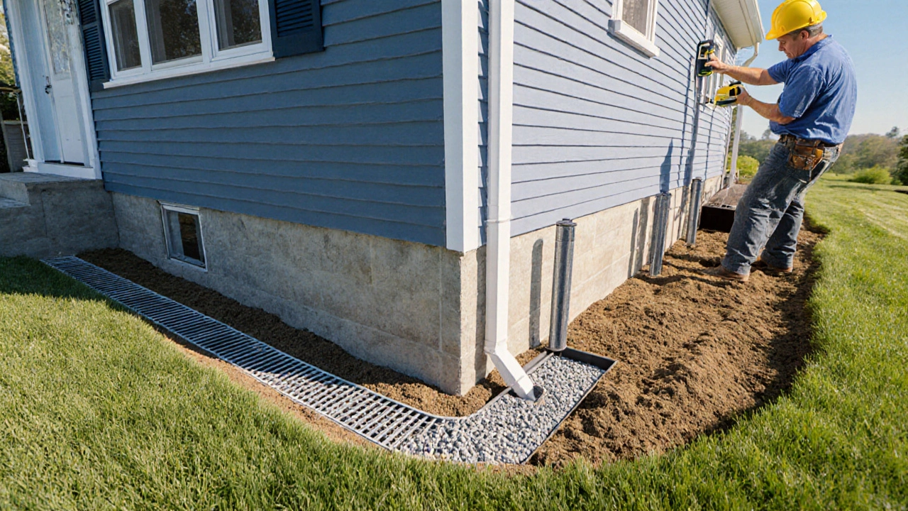 House with French drain, graded soil, and professionals installing piers.