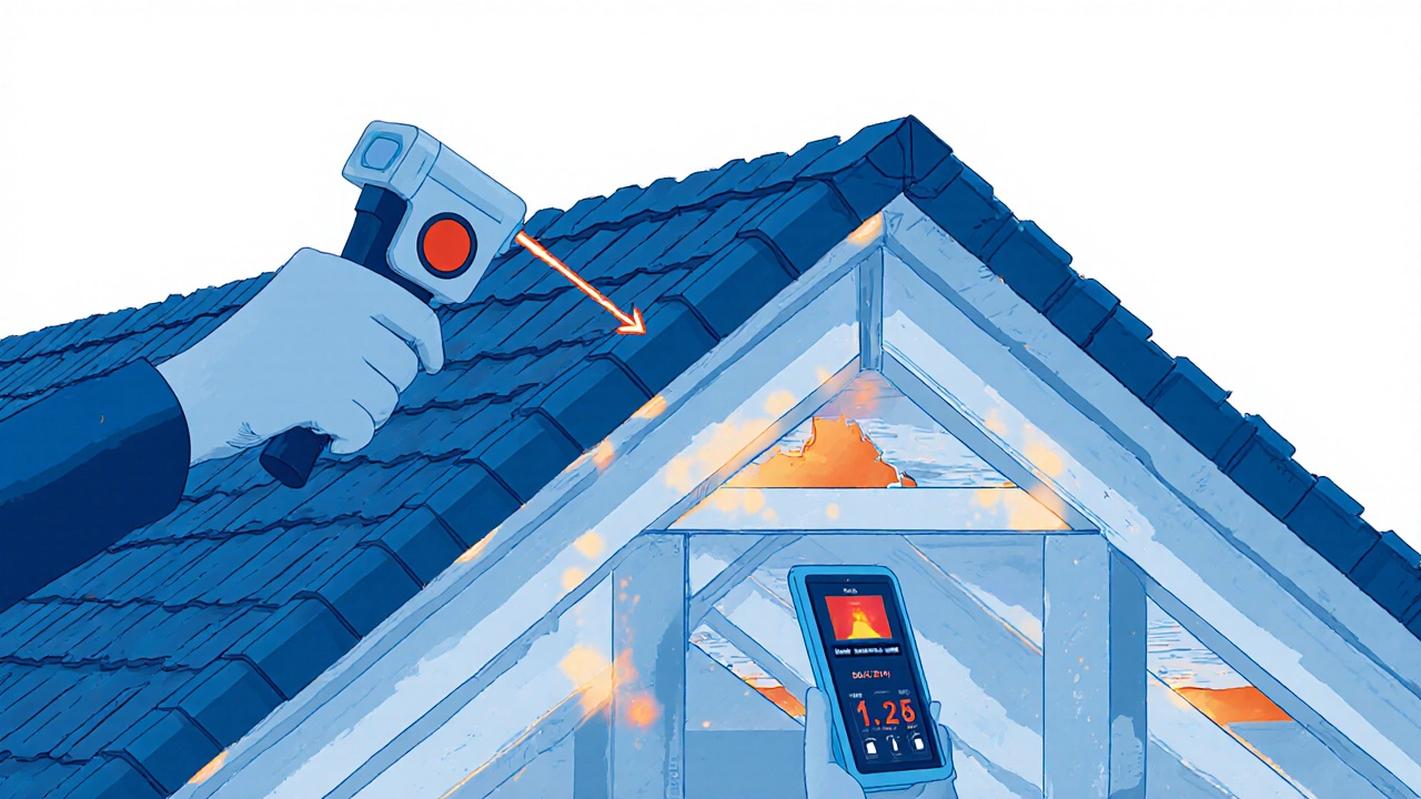 Illustrated cross‑section of roof layers with roofer using infrared camera and moisture meter.