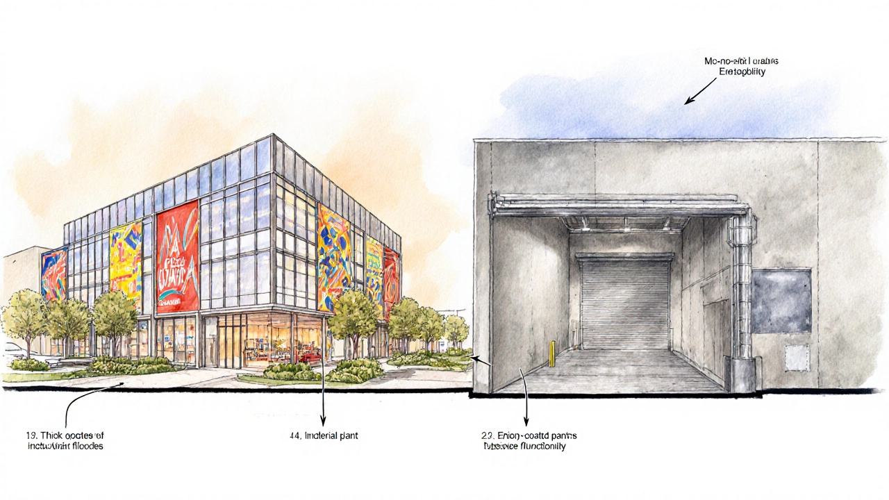 Illustration of a retail complex next to a cross‑section of an industrial plant.
