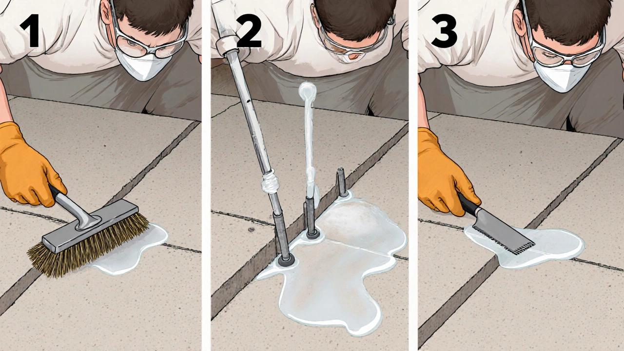 Illustration of epoxy injection repair steps on a basement wall.