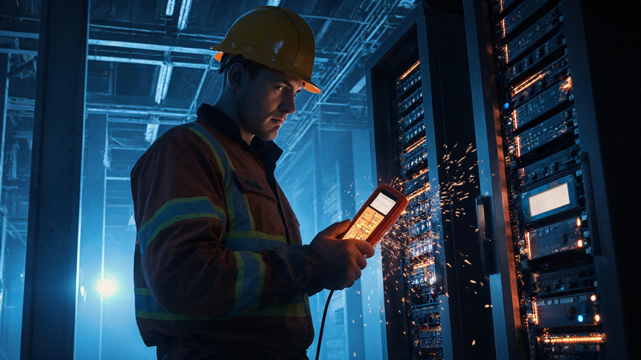 Industrial electrician working with high-voltage control panels in a data center.