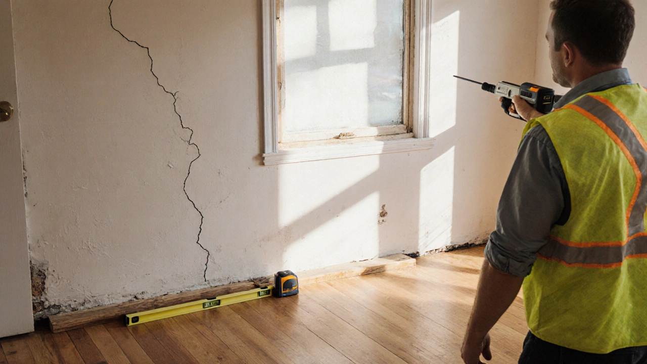 Interior showing cracks, a stuck door, uneven floor and an engineer measuring with a laser level.