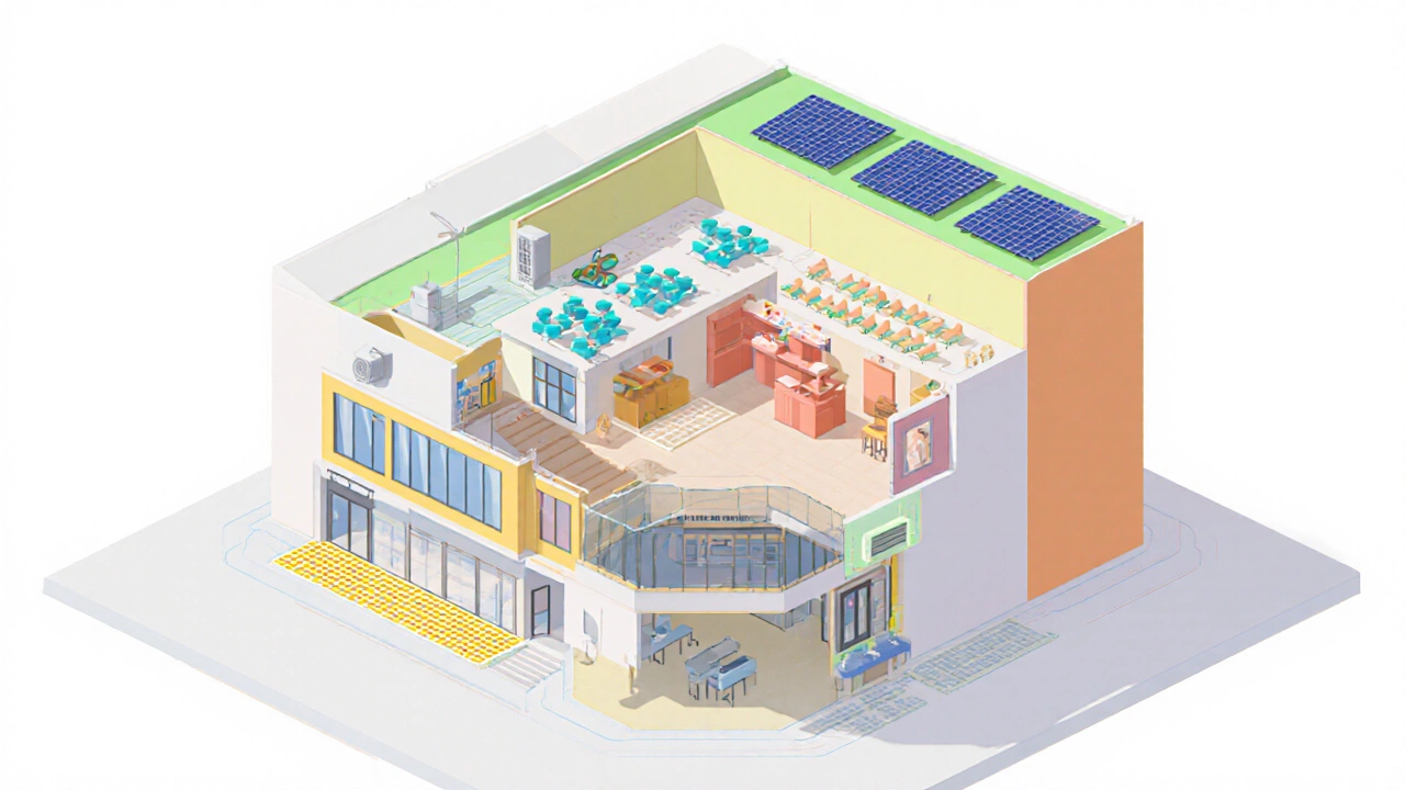 Isometric cutaway of mixed‑use building with retail, offices, school, and safety features.