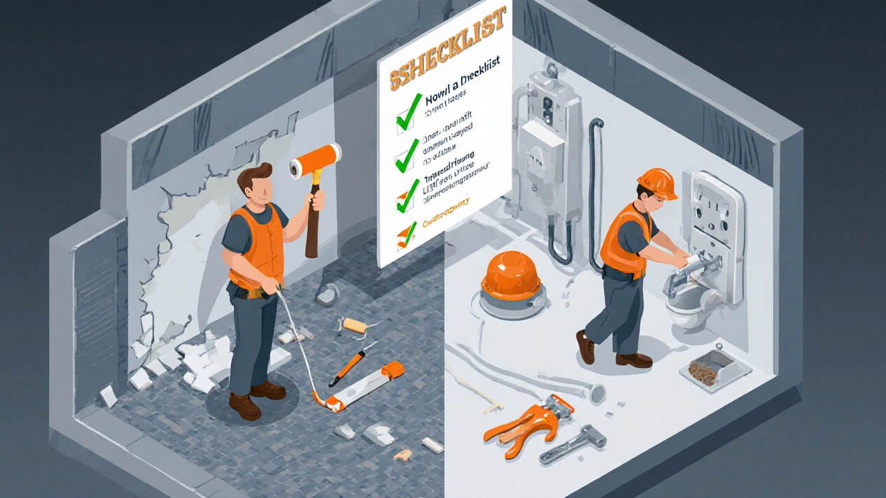 Isometric view of DIY vs professional renovation tasks with floating checklist.