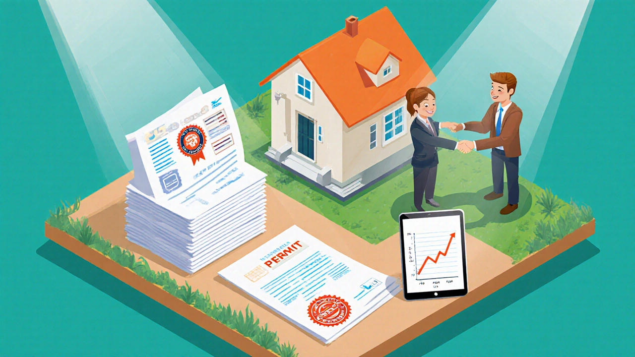 Leveled house with documents, happy couple, and appraiser shaking hands.