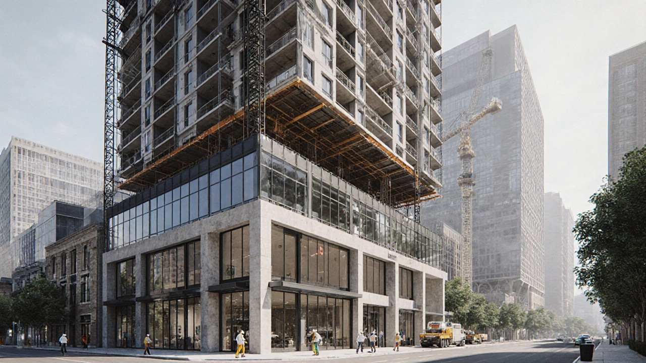 Modern mixed-use building under construction with modular apartments being installed above a steel-and-concrete base.
