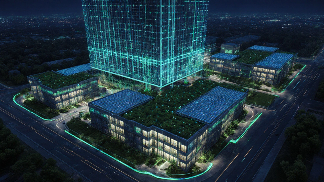 Night view of futuristic modular commercial complex with green roofs and hologram overlay.