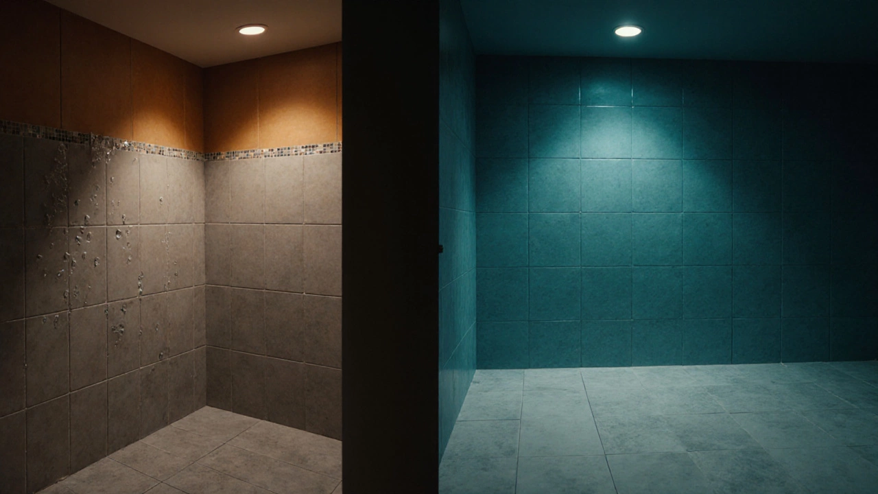 Split bathroom scene contrasting walls‑first and floor‑first tiling methods with different lighting.