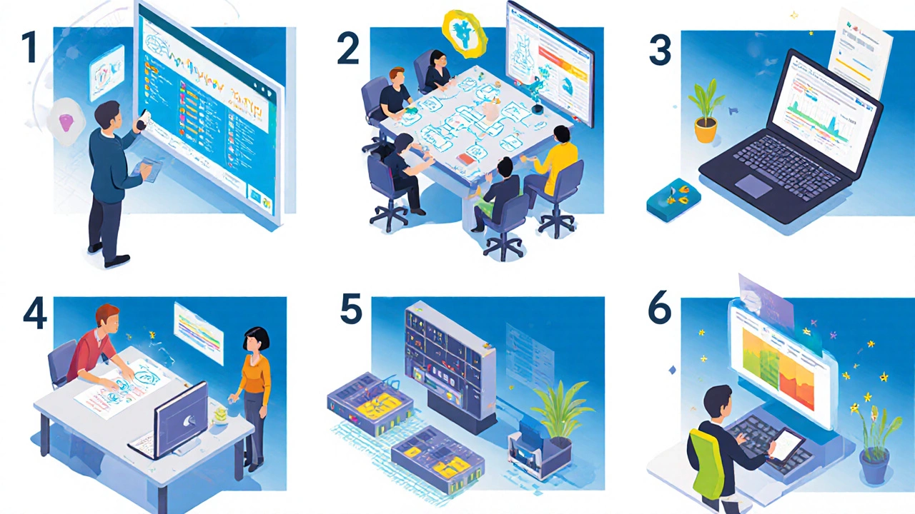 Storyboard showing six daily tasks of a Services Architect from sync to wrap‑up.