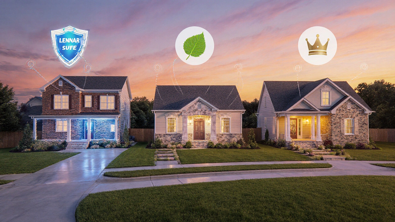 Three model homes side by side representing different builder styles with abstract icons.