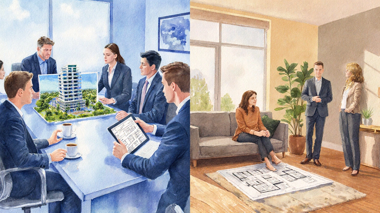 Two meetings: business stakeholders reviewing office plans beside a homeowner and architect discussing a house.