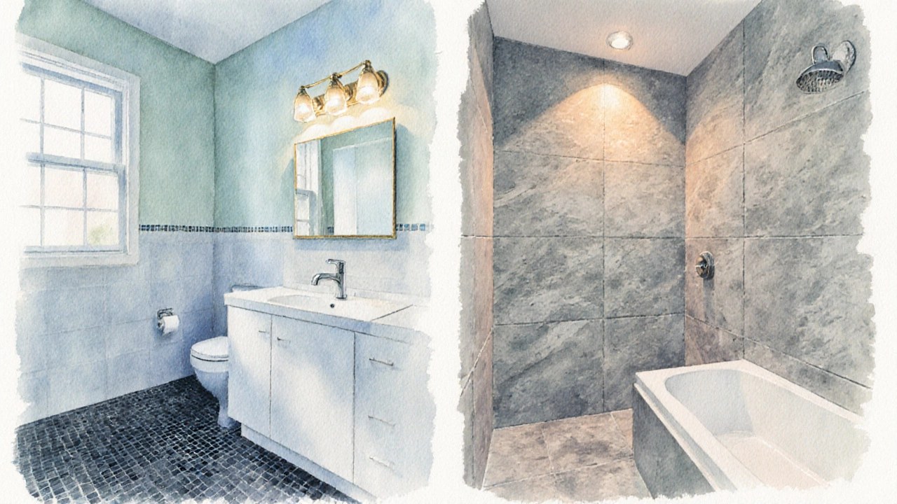 Watercolor before‑after of bathroom showing new faucet, LED lighting, and tiles.
