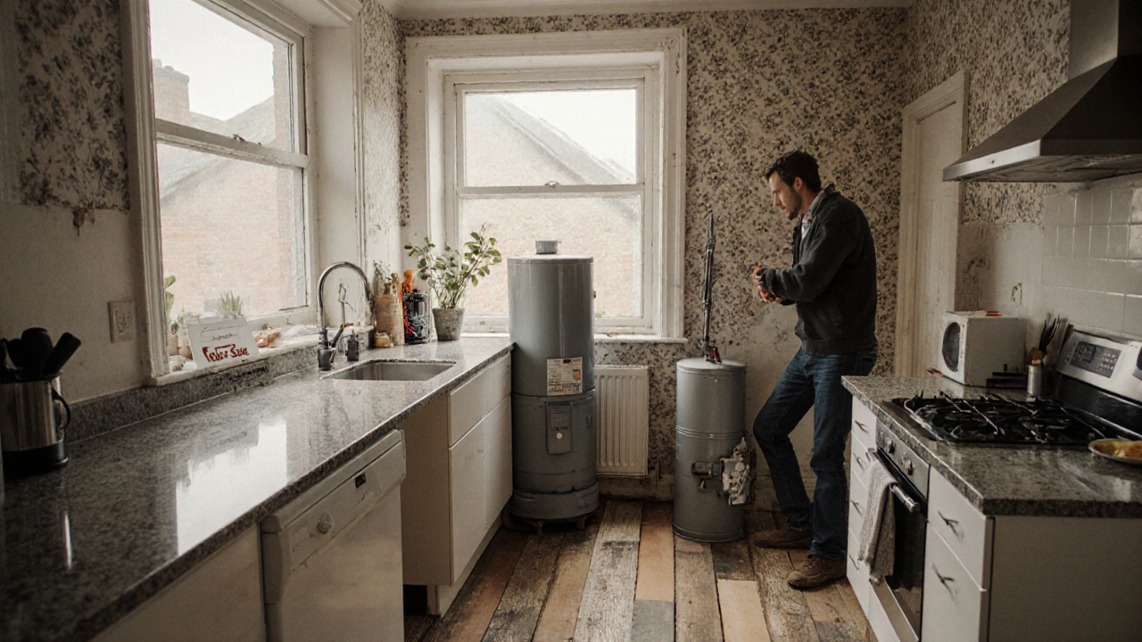 A renovated 2000s UK home with modern kitchen and old boiler, homeowner holding keys in soft daylight.